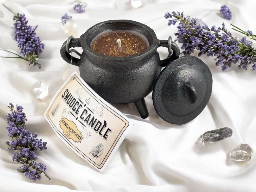 Cast Iron Cauldron with Sandalwood Smudge Candle  4&quot;