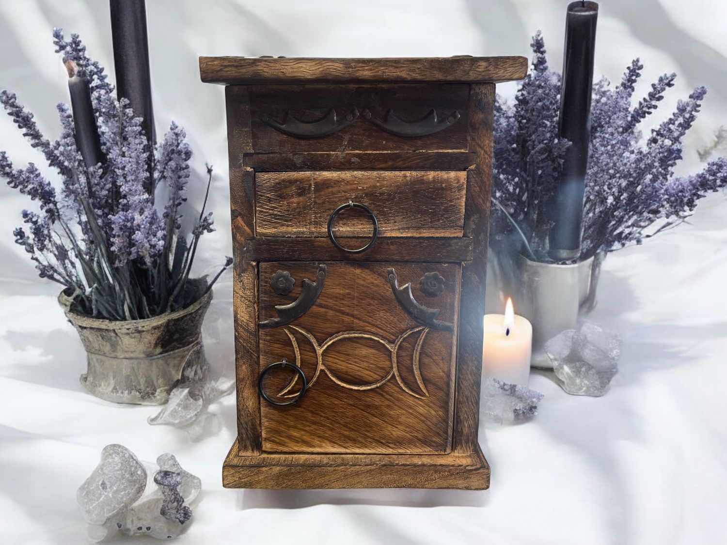 Triple Moon Wooden Altar Herb Box