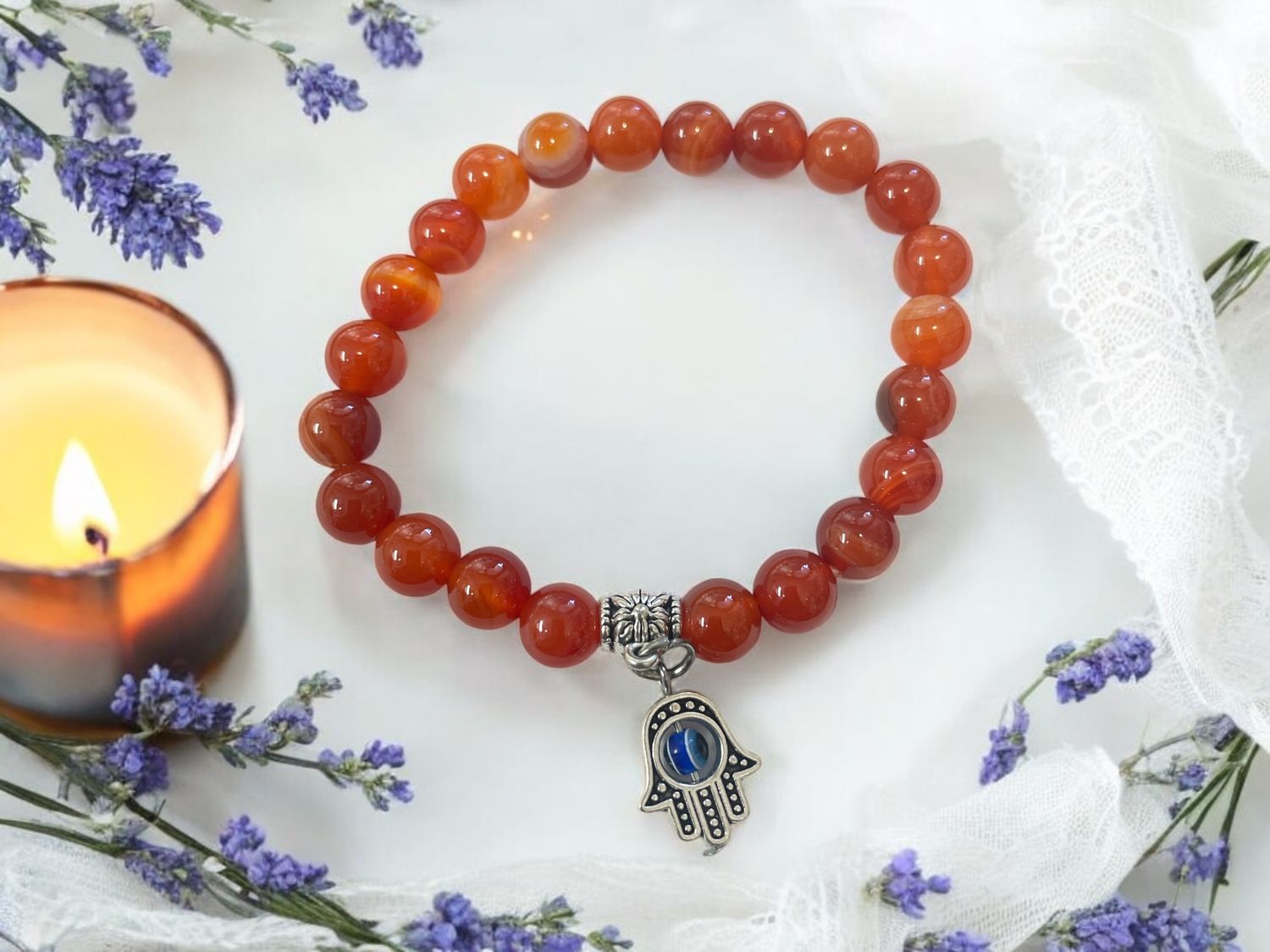 Carnelian Bracelet w/ Hamsa Evil Eye Charm