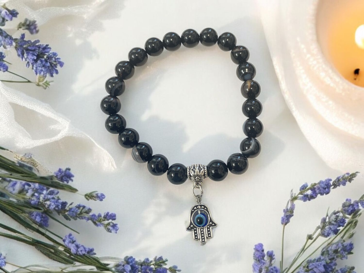 Agate Bracelet w/ Hamsa Evil Eye Charm