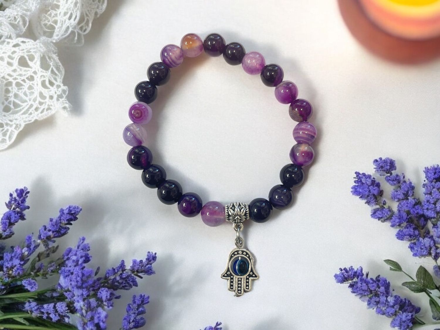 Purple Agate Bracelet w/ Hamsa Evil Eye Charm