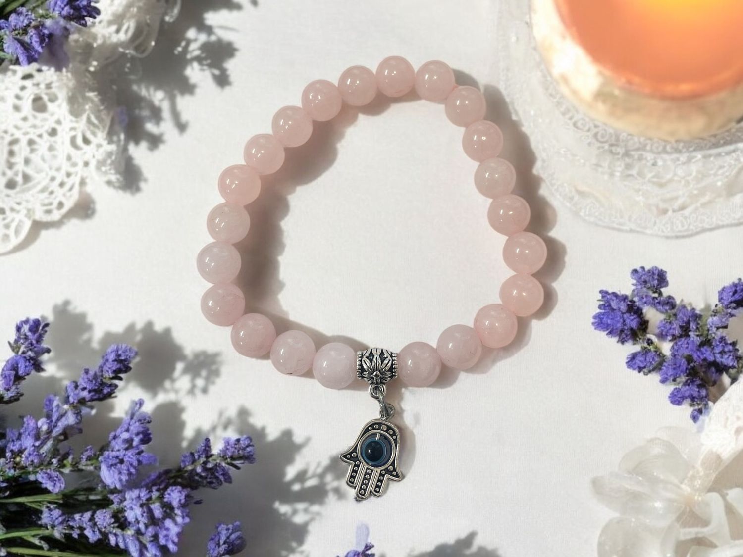 Rose Quartz Bracelet w/ Hamsa Evil Eye Charm