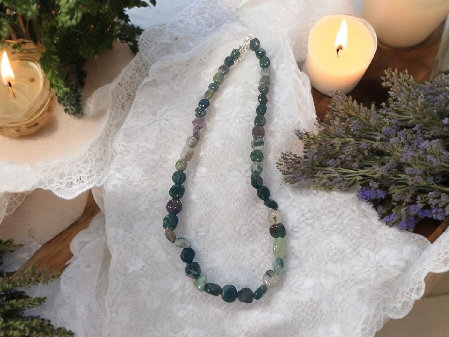 Moss Agate Tumbled Stone Necklace 16&quot;