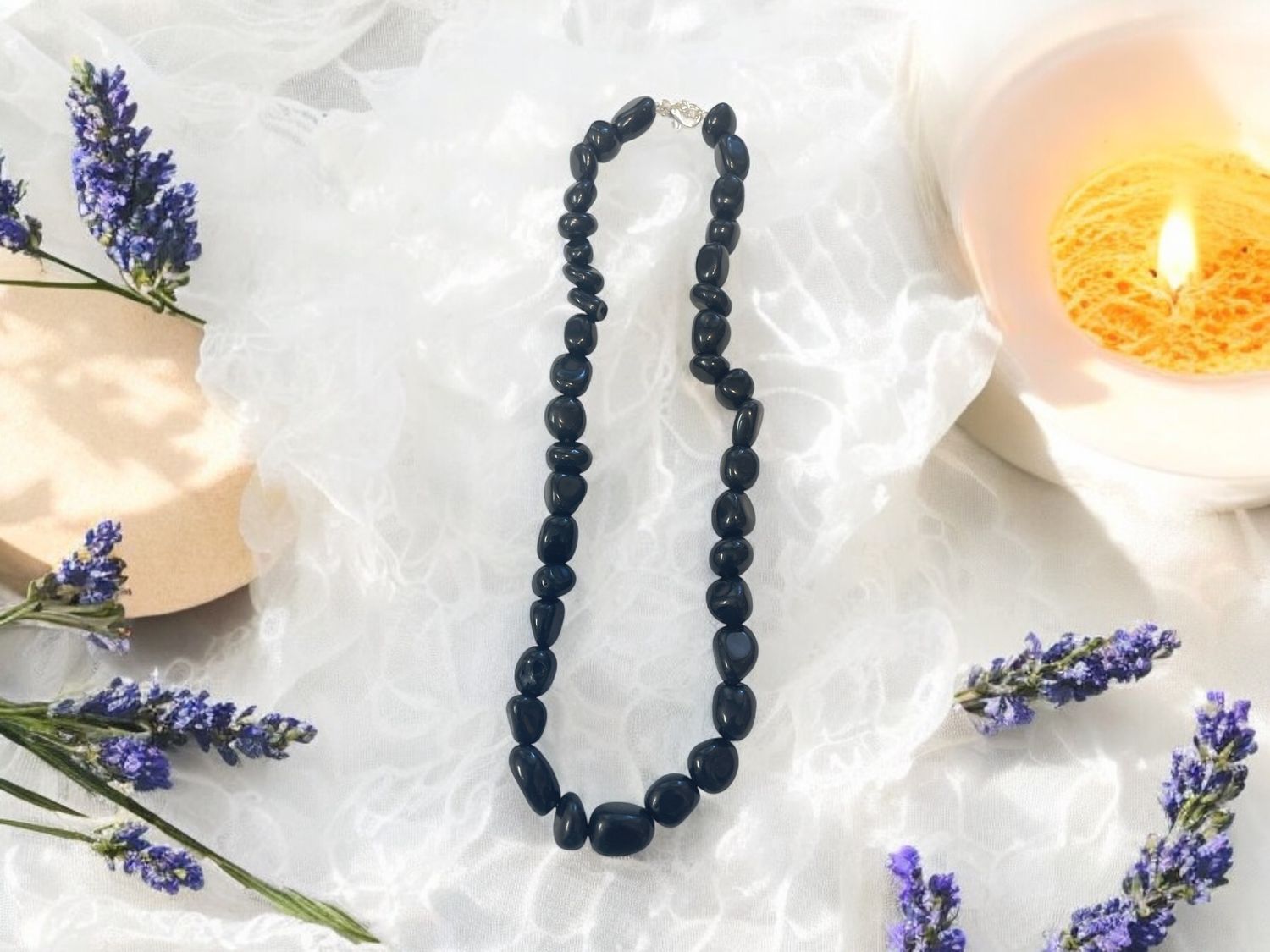 Black Obsidian Tumbled Stone Necklace 16&quot;