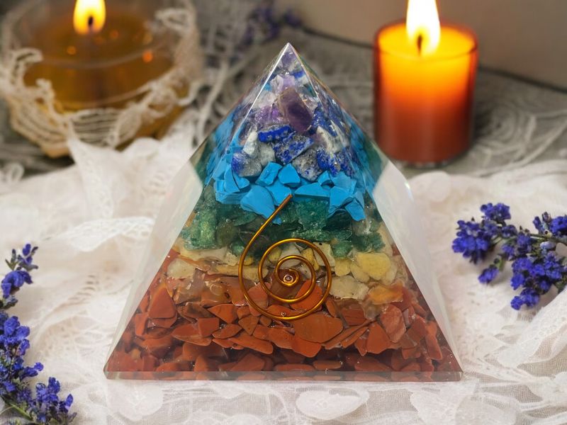 7 Charka Orgonite Gemstone Pyramid w/ Reiki Symbol