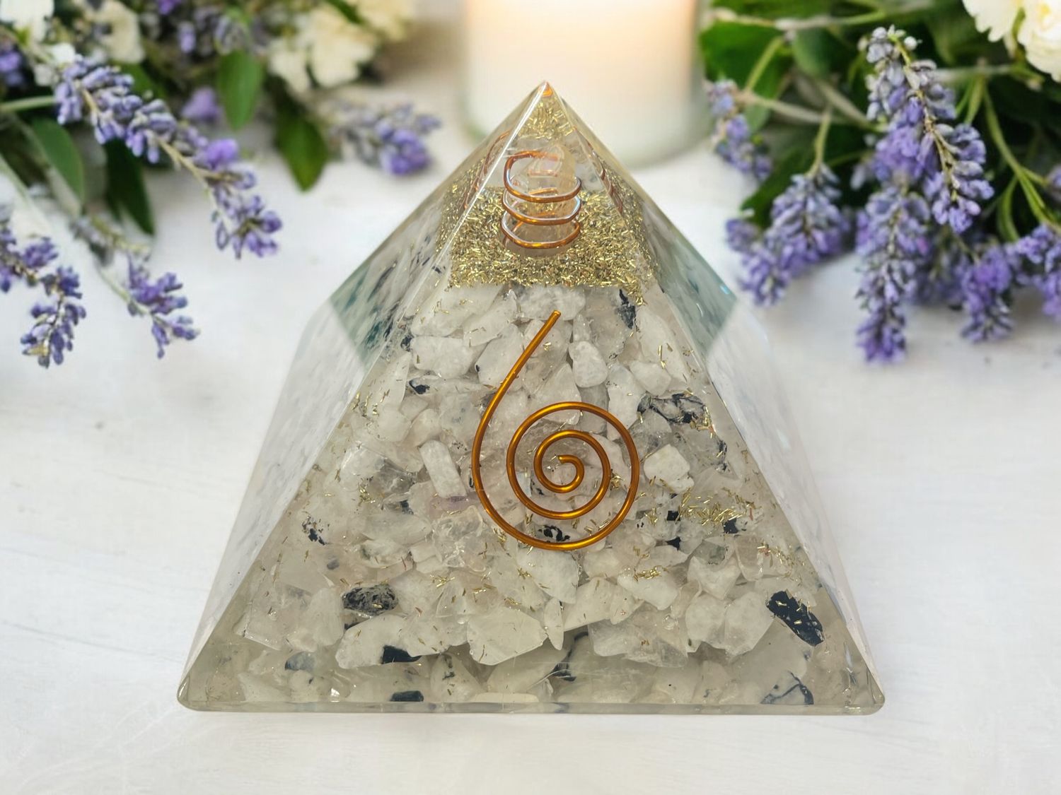 Moonstone Gemstone Orgonite Pyramid with Reiki Symbol