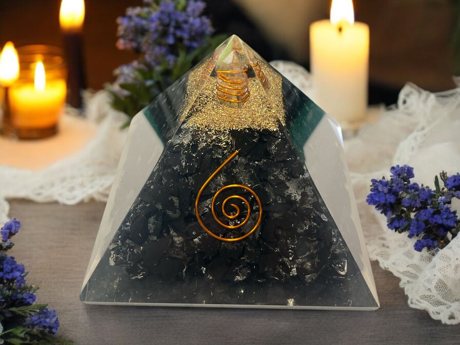 Black Tourmaline Gemstone Orgonite Pyramid with Reiki Symbol