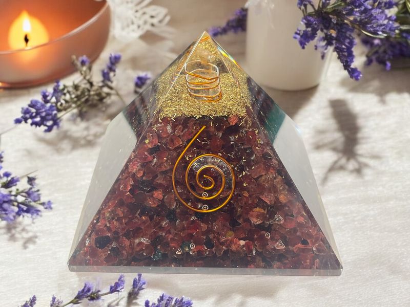 Garnet Gemstone Orgonite Pyramid with Reiki Symbol