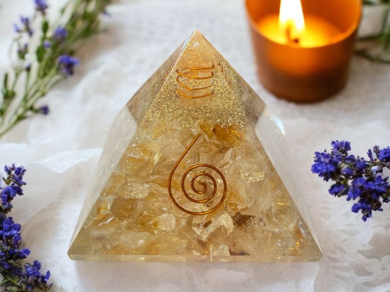 Citrine Gemstone Orgonite Pyramid with Reiki Symbol