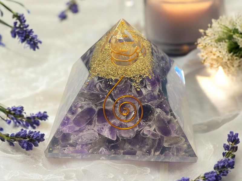 Amethyst Gemstone Orgonite Pyramid with Reiki Symbol