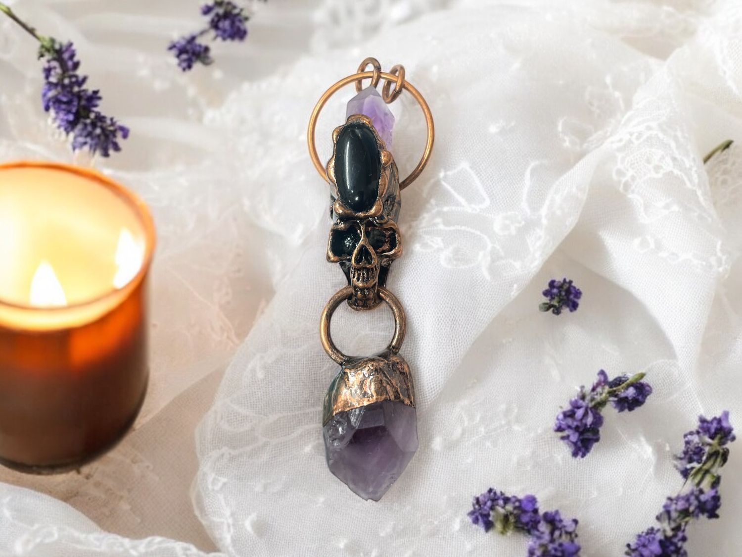 Beautiful Skull Pendant w/Black Obsidian and Amethyst