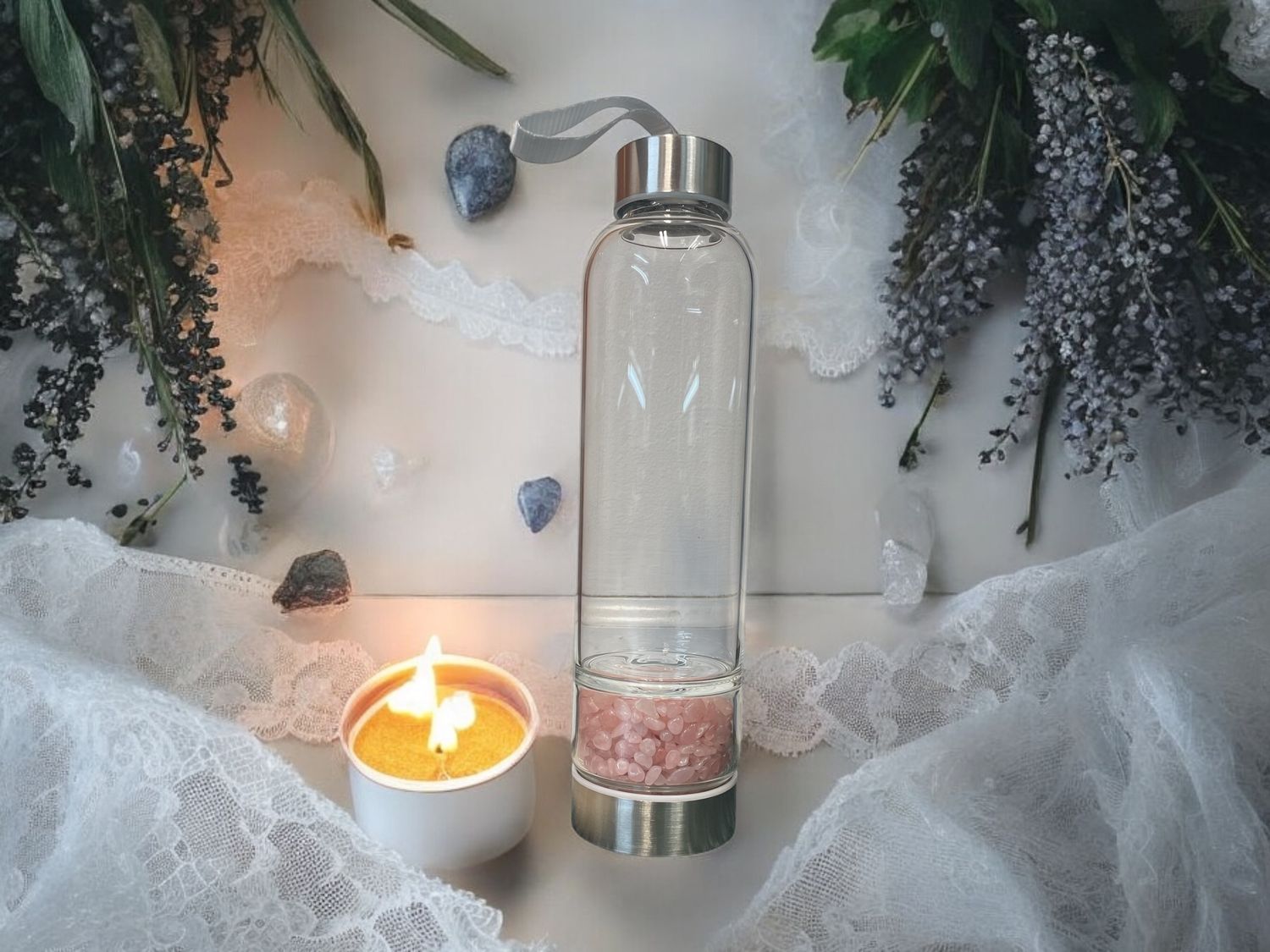 Glass Water Bottle w/Rose Quartz chips