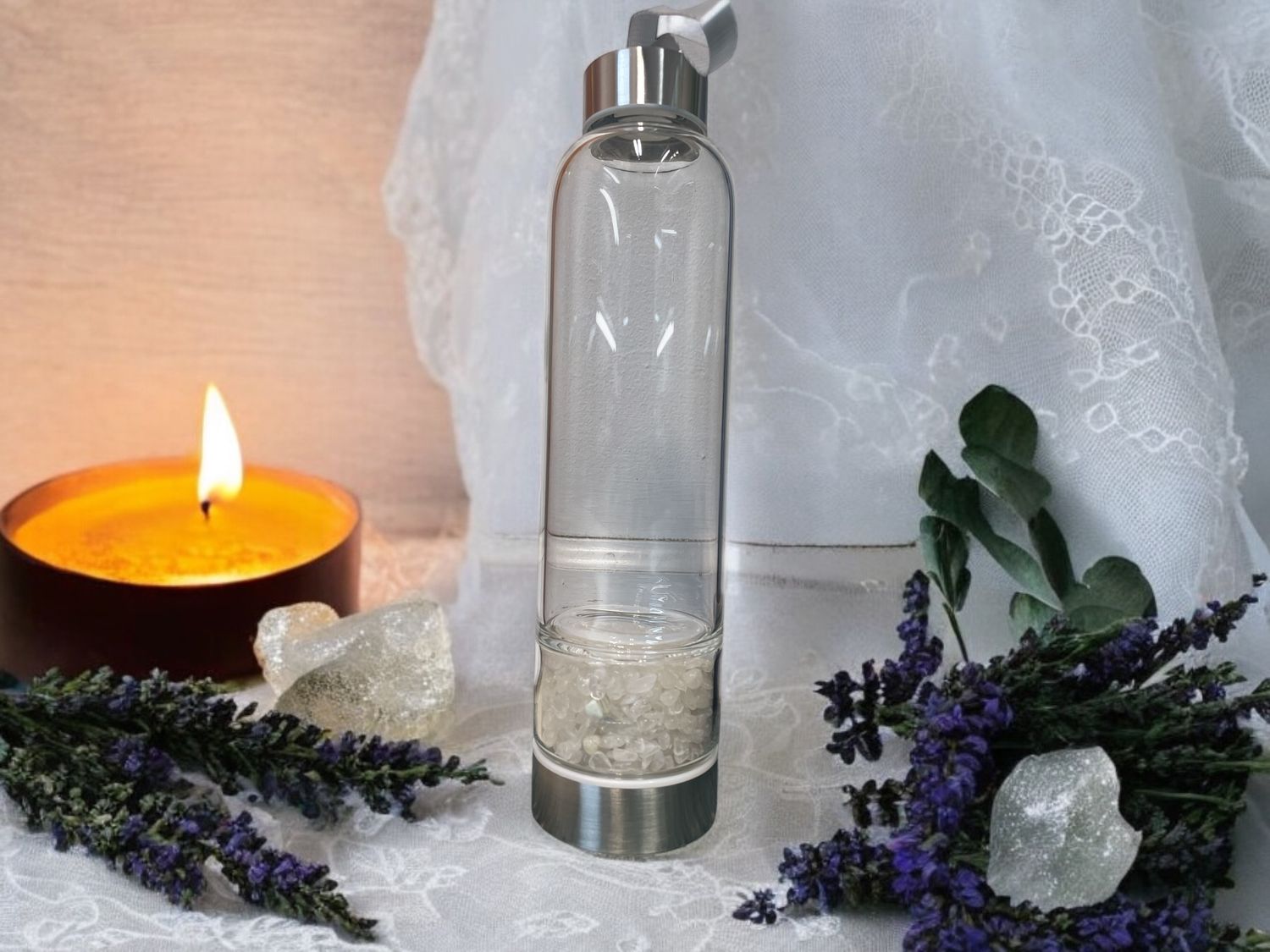 Glass Water Bottle w/Clear Quartz chips