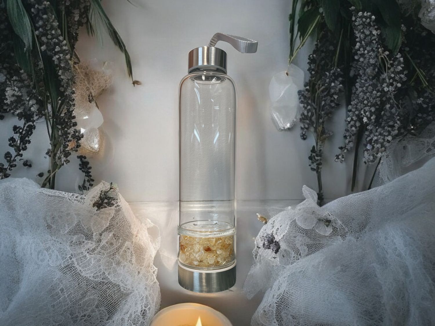 Glass Water Bottle w/Citrine chips