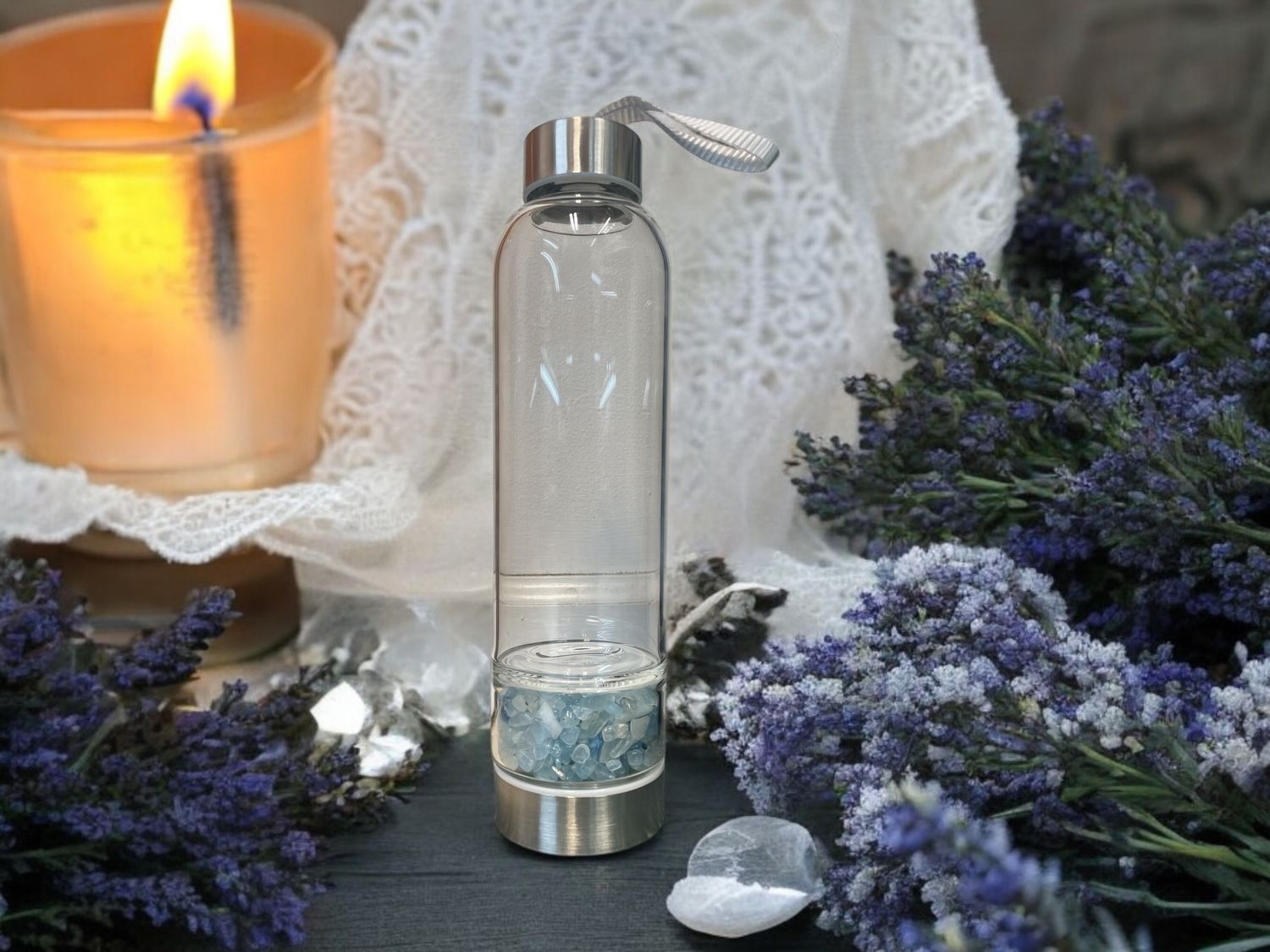 Glass Water Bottle w/Aquamarine chips