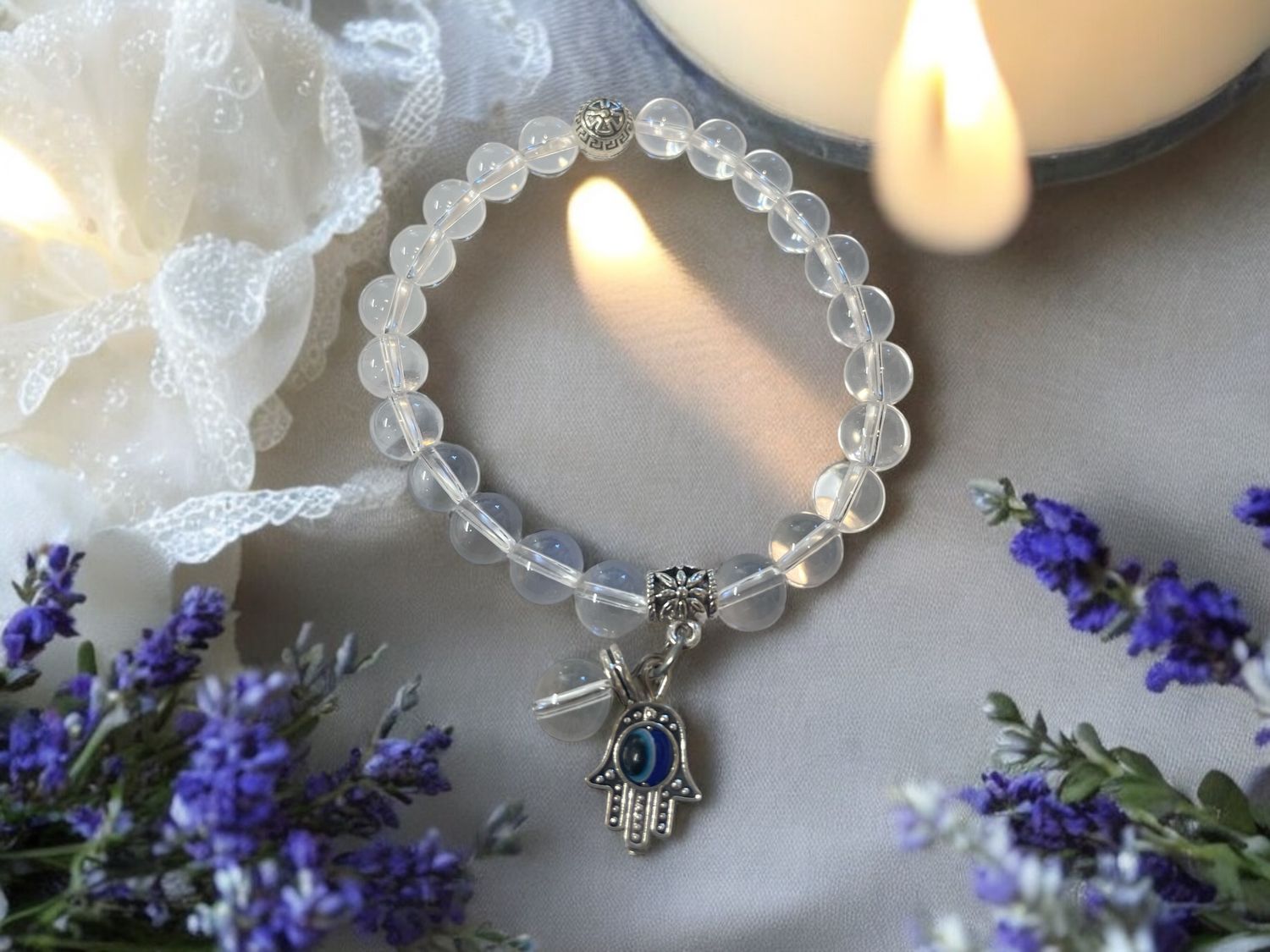 Clear Quartz Bracelet w/ Hamsa Evil Eye Charm