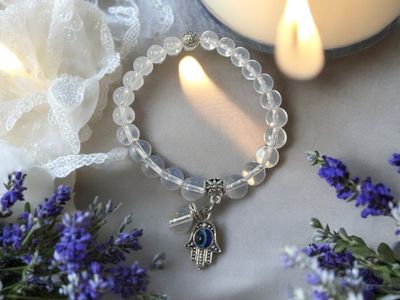 Clear Quartz Bracelet w/ Hamsa Evil Eye Charm