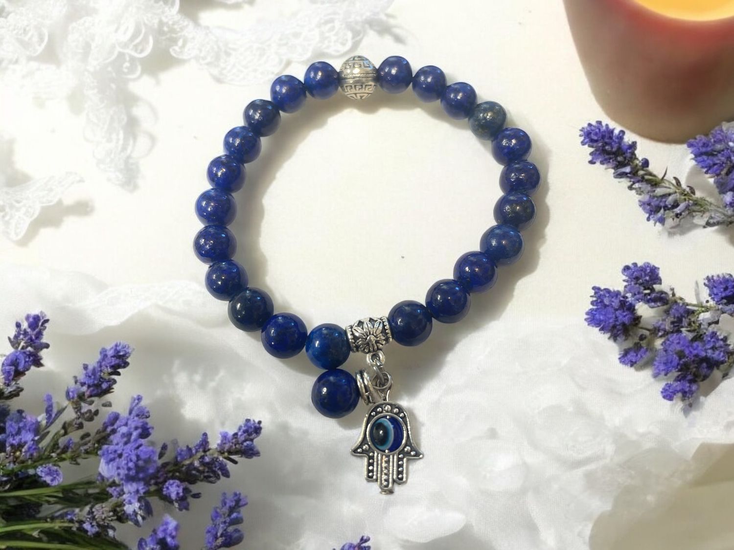 Lapis Bracelet w/ Hamsa Evil Eye Charm