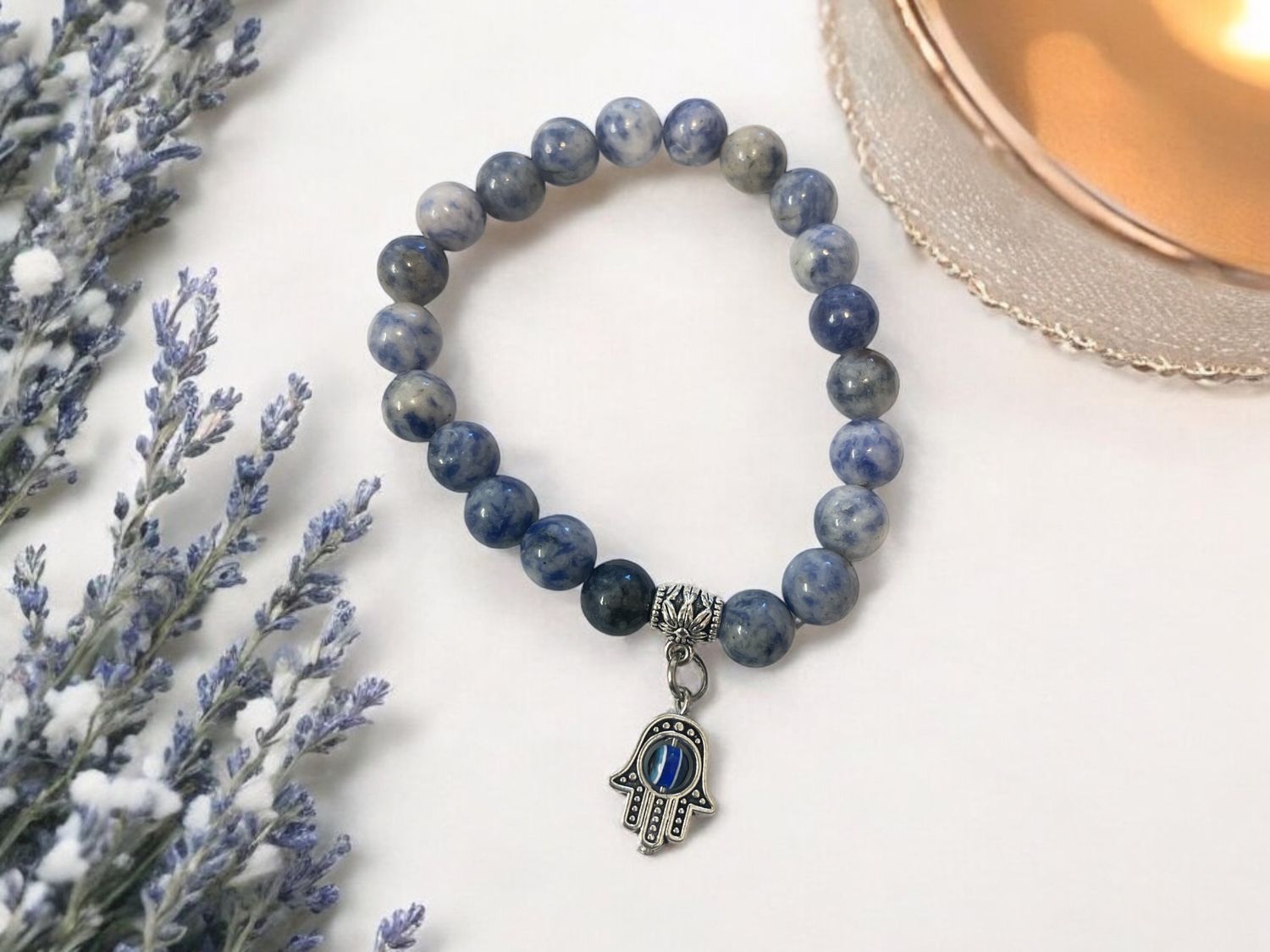 Sodalite Bracelet w/ Hamsa Evil Eye Charm