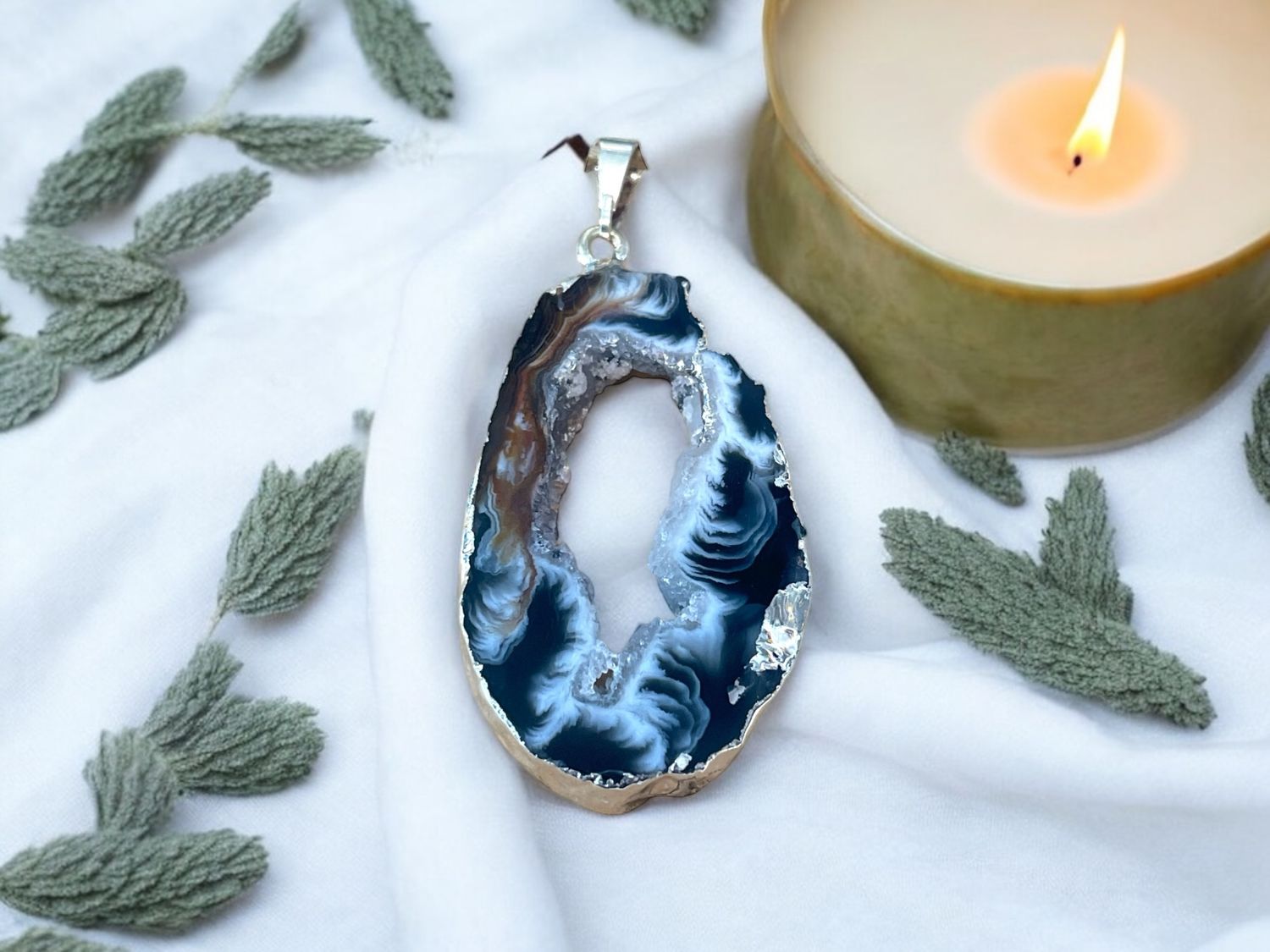 Agate Geode Silver Plated Pendant (Black)