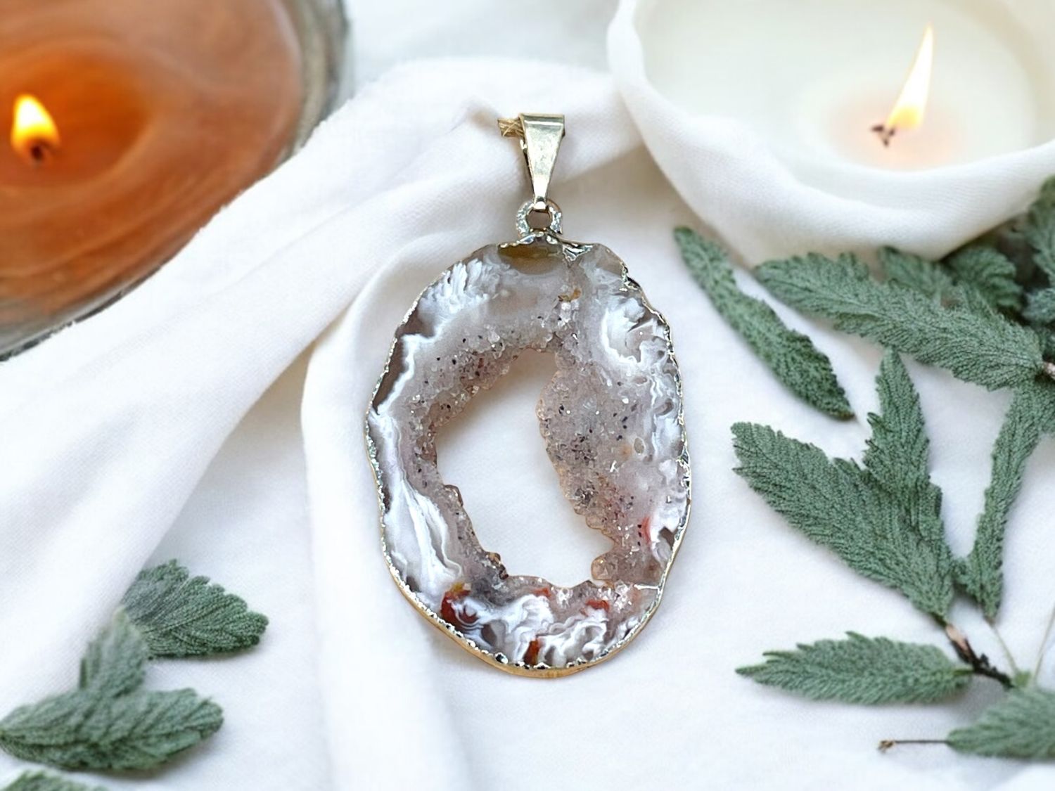 Agate Geode Silver Plated Pendant (Tan)