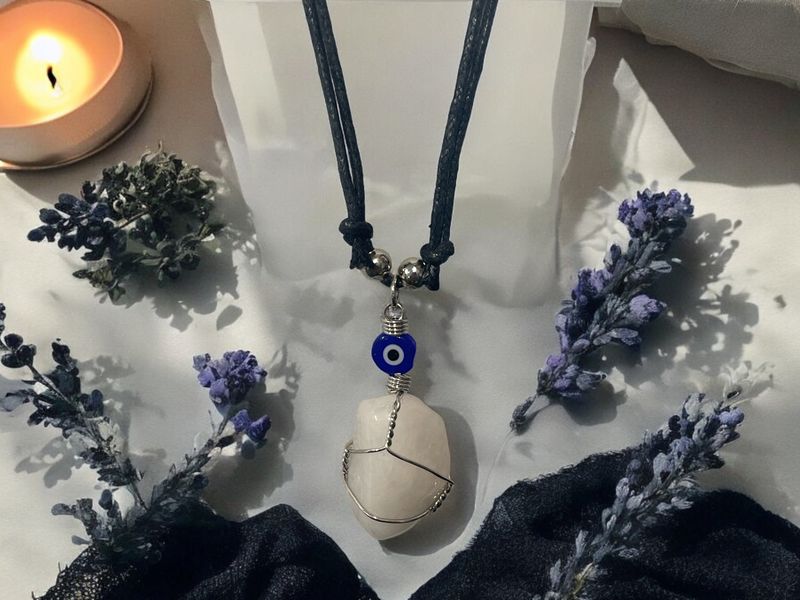 Snow Quartz with Evil Eye Wrapped Pendant Necklace