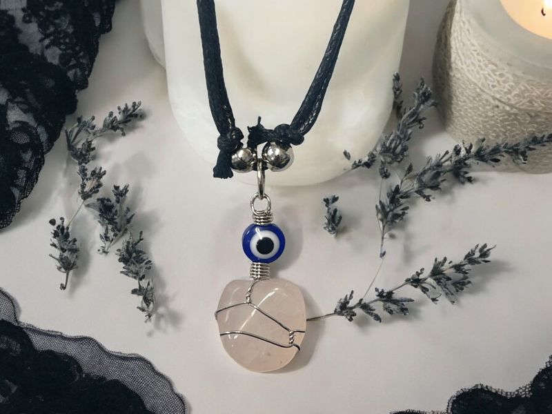 Rose Quartz with Evil Eye Wrapped Pendant Necklace