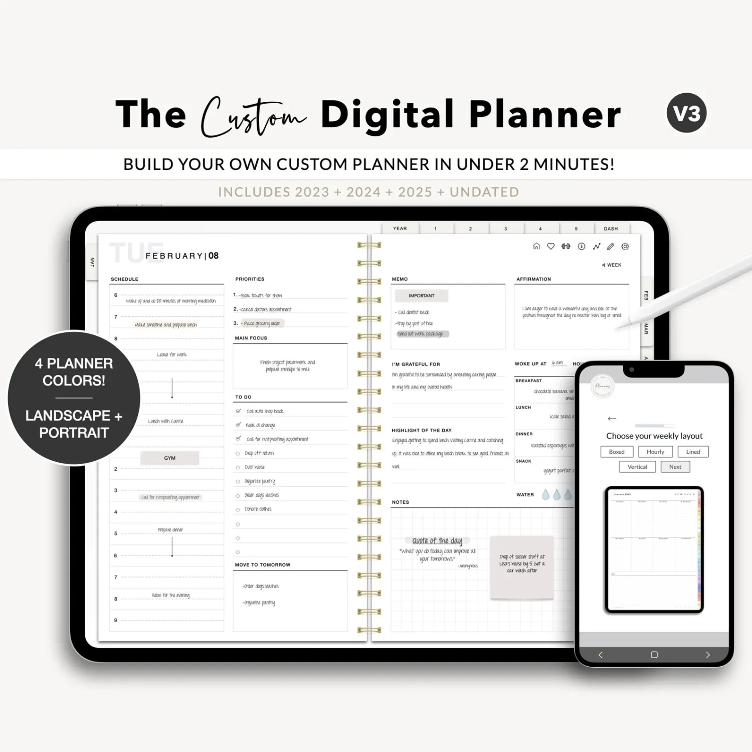 Dated Digital Planner, 2025 2026 2027 Undated Planner, Notepad 6MA-2