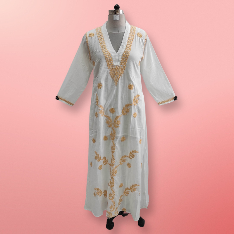 XS/S Teena Yellow Embroidery Printed Cotton Dress 54&quot; Long Jalabiya