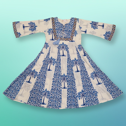 4-5  Year Anaya Crystal Blue Printed Cotton Girls Dress 34&quot; Long Jalabiya