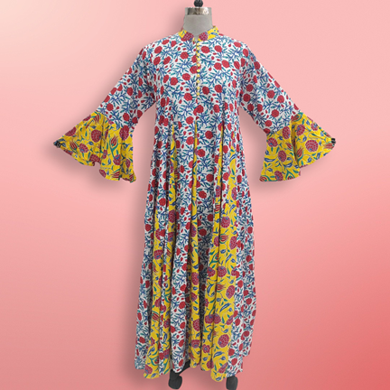 S/M Luaby Printed Cotton Dress 57&quot; Long Jalabiya