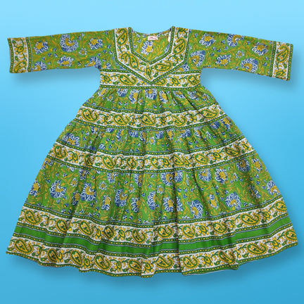 4-5 Year Huda Green Printed Cotton Girls Dress 35&quot; Long Jalabiya