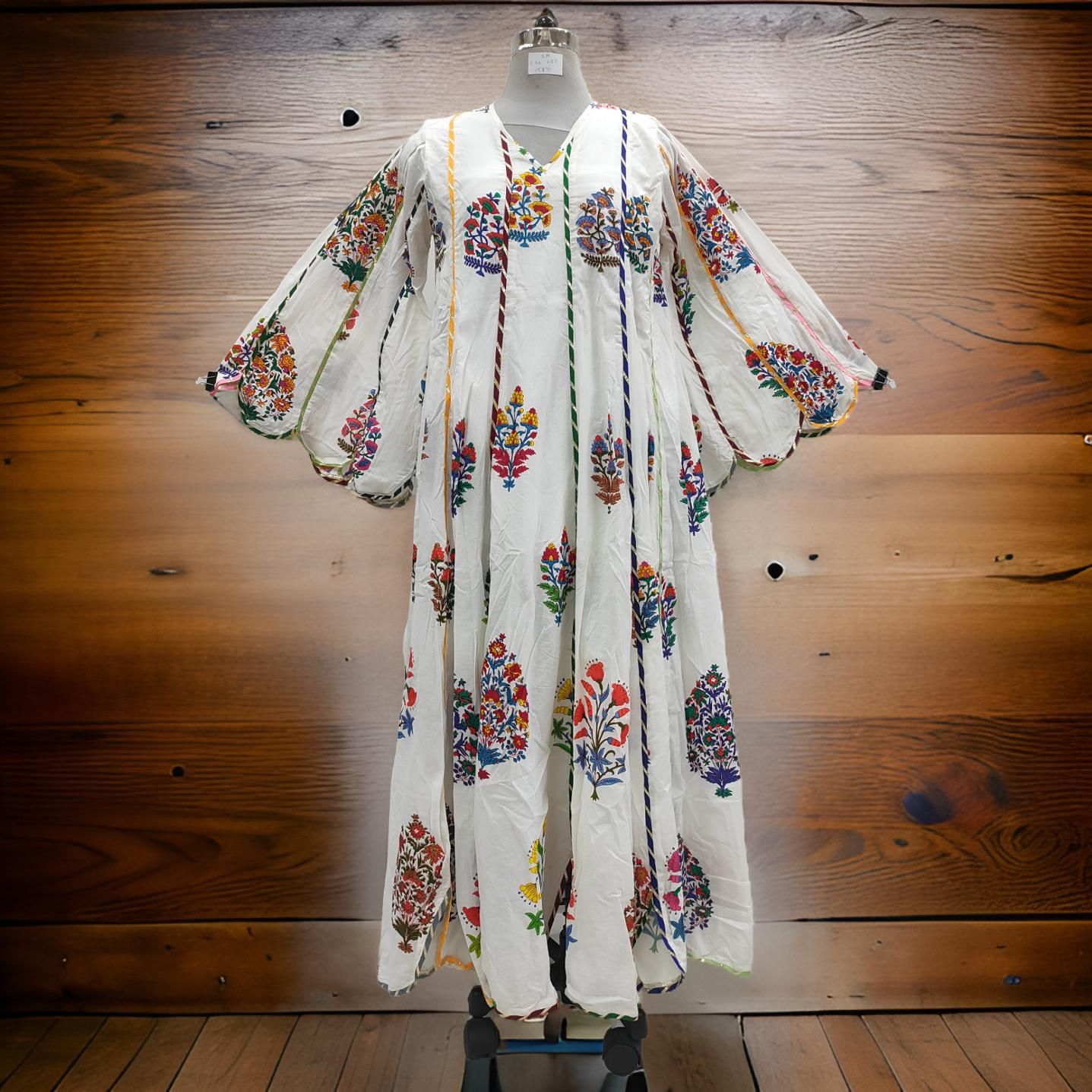 S/M Meher White Printed Cotton Dress 57&quot; Long Jalabiya