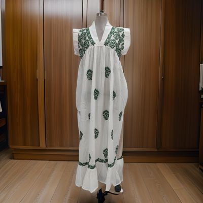 S/M Amani Embroidery Cotton Dress 57&quot; Short Sleeves Jalabiya