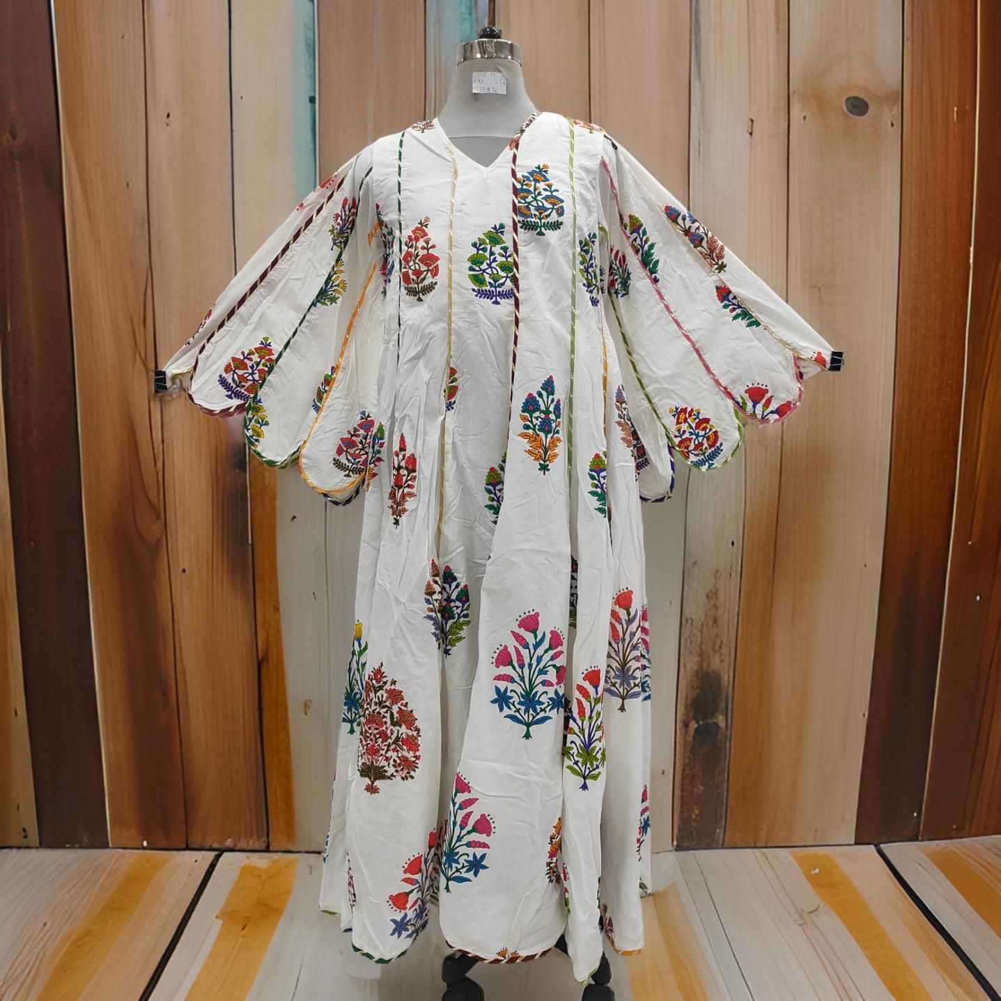S/M Meher White Printed Cotton Dress 57&quot; Long Jalabiya