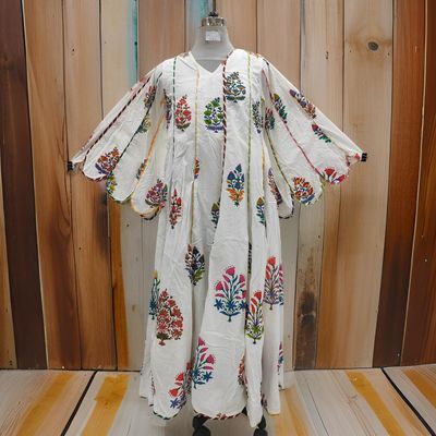 S/M Meher White Printed Cotton Dress 57&quot; Long Jalabiya