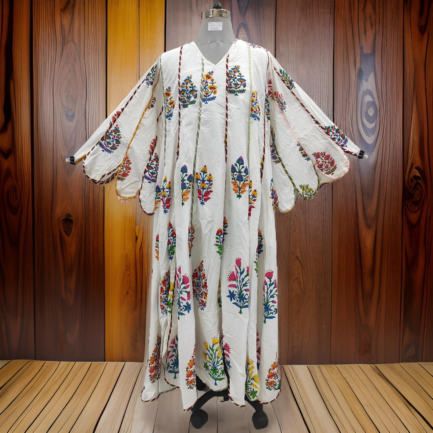 2XL/3XL Meher White Printed Cotton Dress 57&quot; Long Jalabiya