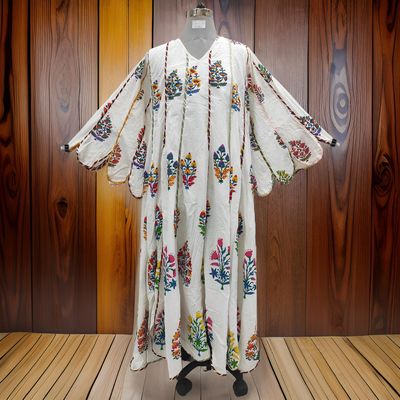 2XL/3XL Meher White Printed Cotton Dress 57&quot; Long Jalabiya