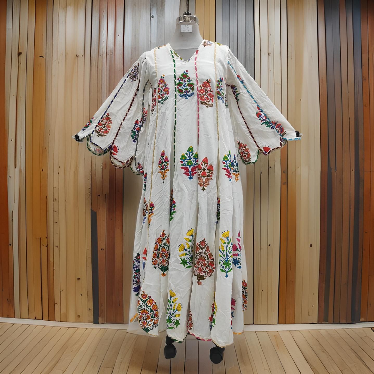 S/M Meher White Printed Cotton Dress 57&quot; Long Jalabiya