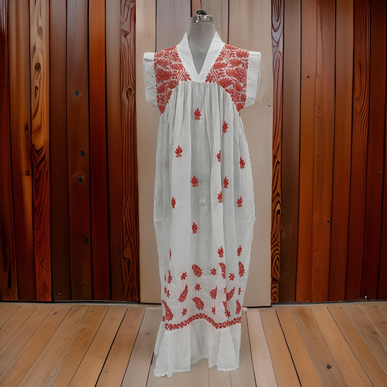 S/M Amani Embroidery Cotton Dress 57&quot; Short Sleeves Jalabiya