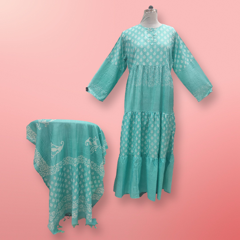 L/XL Cotton Printed Juhi Dress 56&quot; Long Jalabiya With Sheila