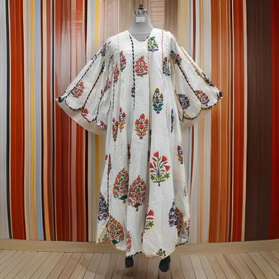 S/M Meher White Printed Cotton Dress 57&quot; Long Jalabiya