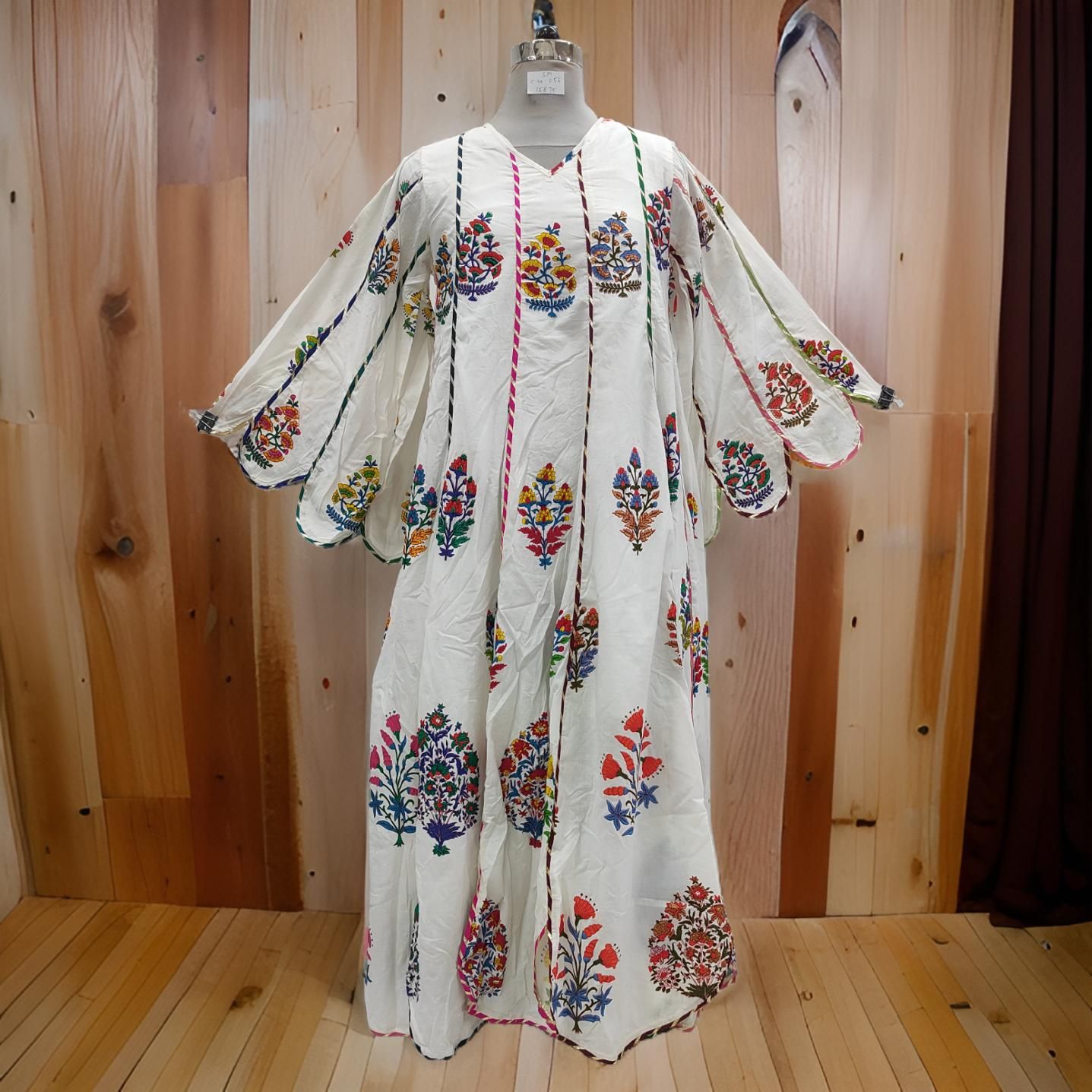 S/M Meher White Printed Cotton Dress 57&quot; Long Jalabiya
