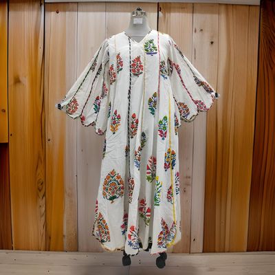S/M Meher White Printed Cotton Dress 57&quot; Long Jalabiya