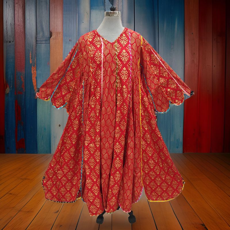 L/XL Meher Red Gold Printed Cotton Dress 56&quot; Long Jalabiya