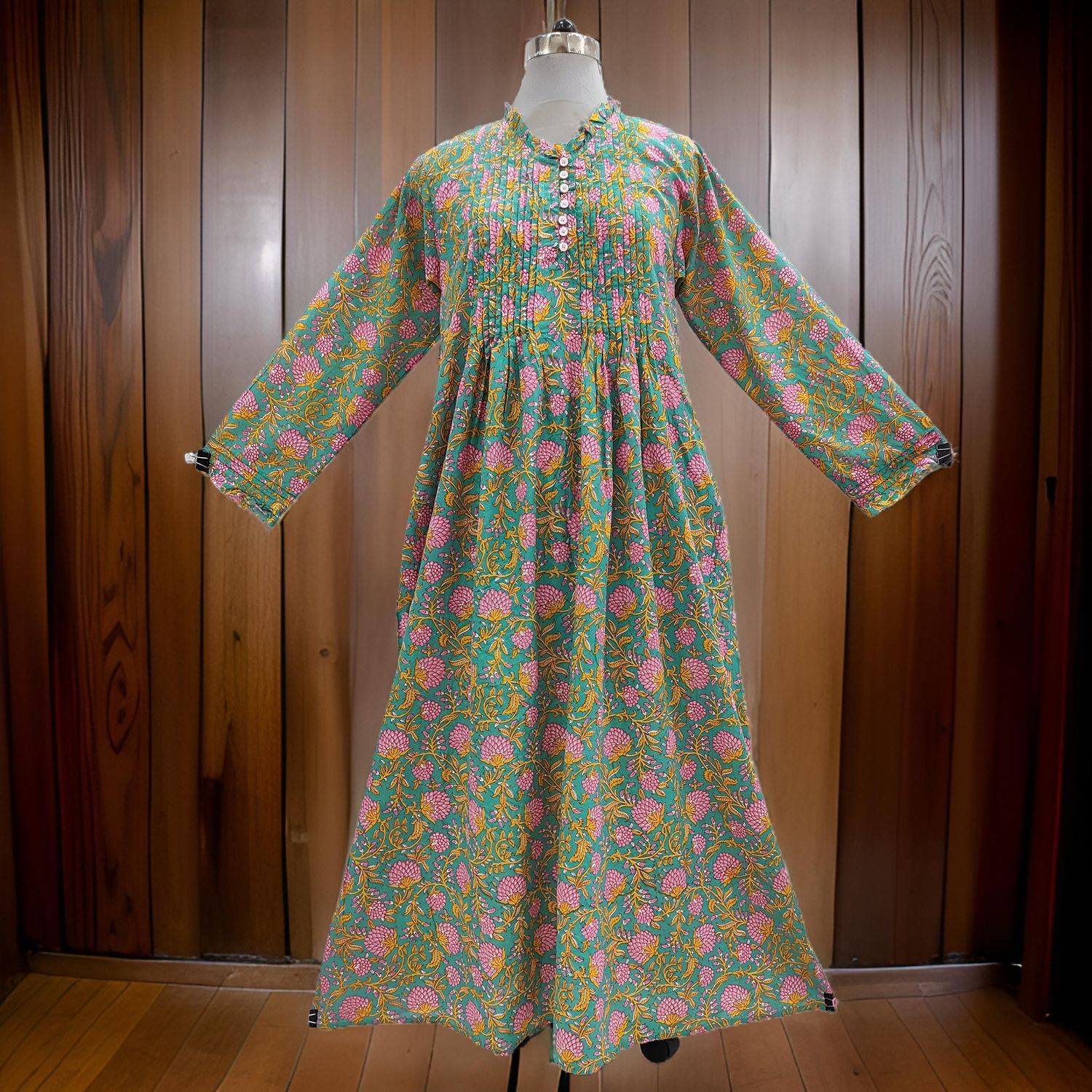 XS/S Green Sparrow Printed Cotton Dress 54&quot; Long Jalabiya