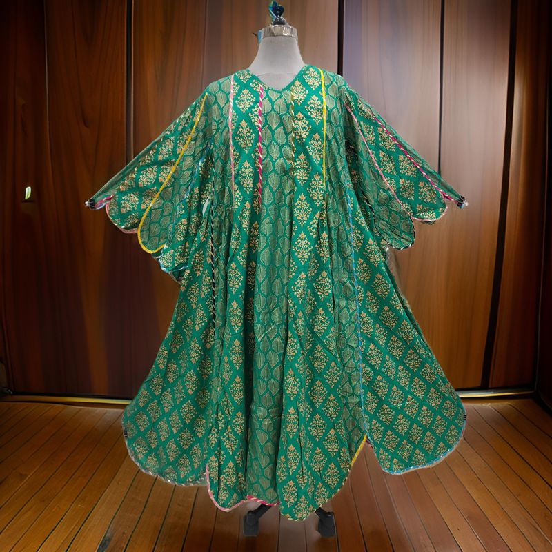 L/XL Meher Green Gold Printed Cotton Dress 56&quot; Long Jalabiya