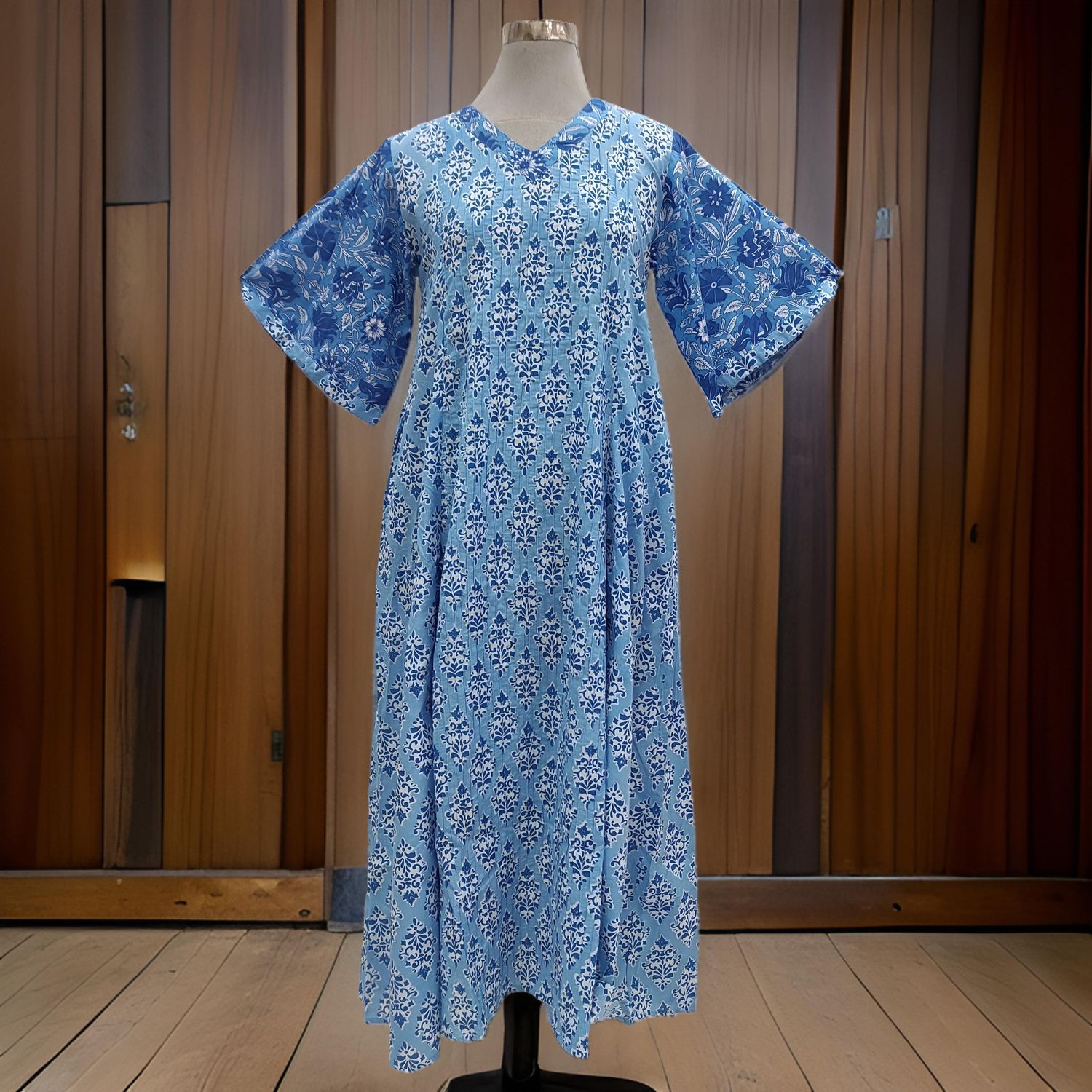 XS/S Ariya Printed Cotton Dress 54&quot; Short Sleeves Jalabiya