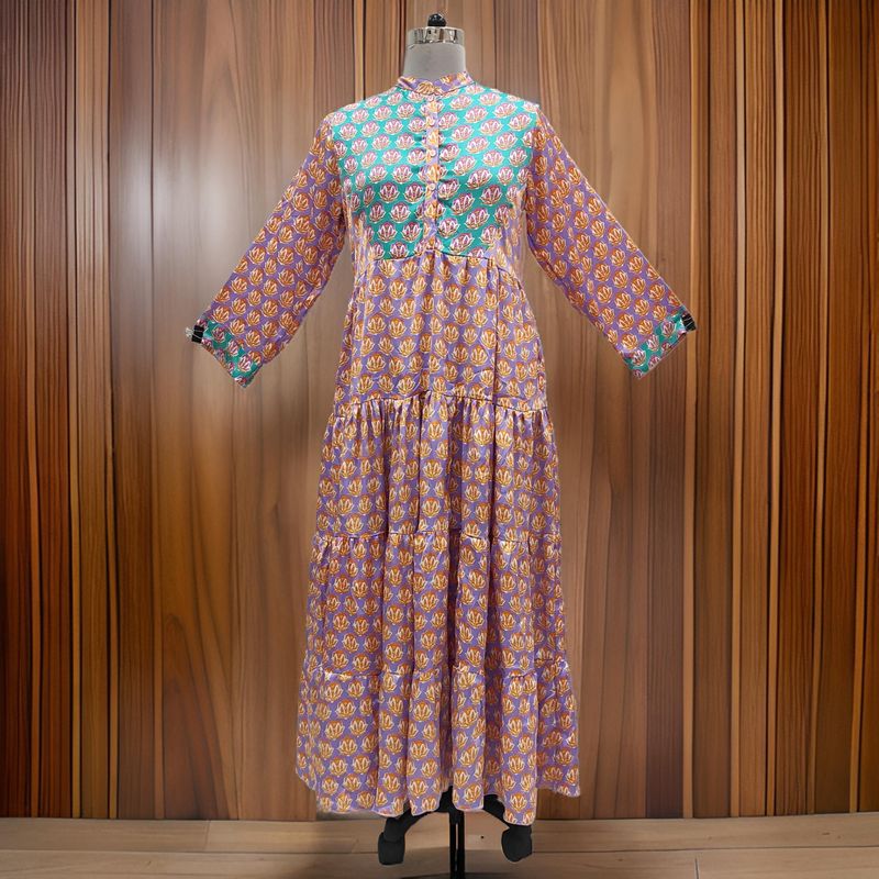 S/M Satin Safia Printed Cotton Dress 57&quot; Long Jalabiya