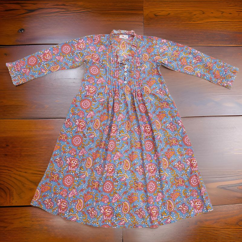 6-7 Year Blue Sparrow Printed Cotton Girls Dress 38&quot; Long Jalabiya